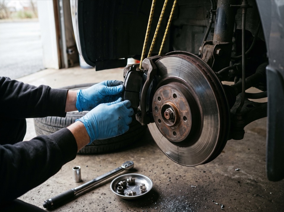 Gloved hands fitting a new brake pad to a caliper, wheel removed.